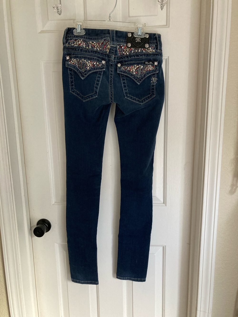 Miss Me Dark Blue Skinny Jeans with Embellished Back Pockets
